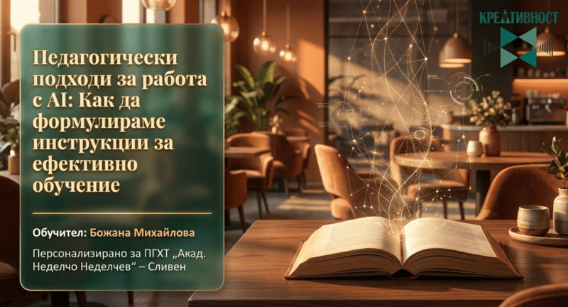 Защитен: Обучение: „Педагогически подходи за работа с AI: Как да формулираме инструкции за ефективно обучение“, ПГХТ „Акад. Неделчо Неделчев“, гр. Сливен, 01-02. 07. 2026 г.