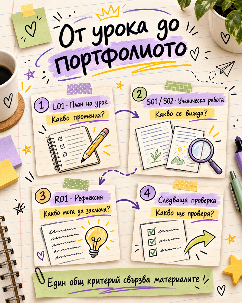 L01: план; S01/S02: ученическа работа; R01: рефлексия; следваща проверка.