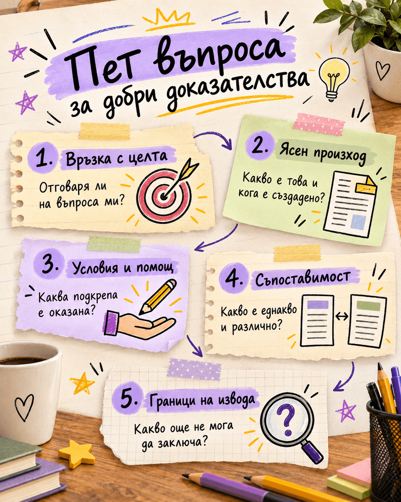 Връзка с целта, произход, условия и помощ, съпоставимост и граници на извода.