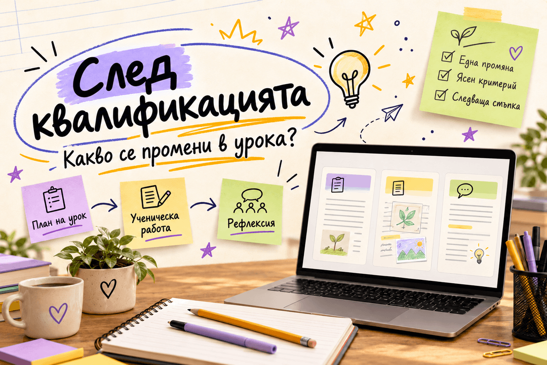 След квалификацията: какво се промени в урока? План на урок, ученическа работа и рефлексия — видими надписи и свързани бележки.